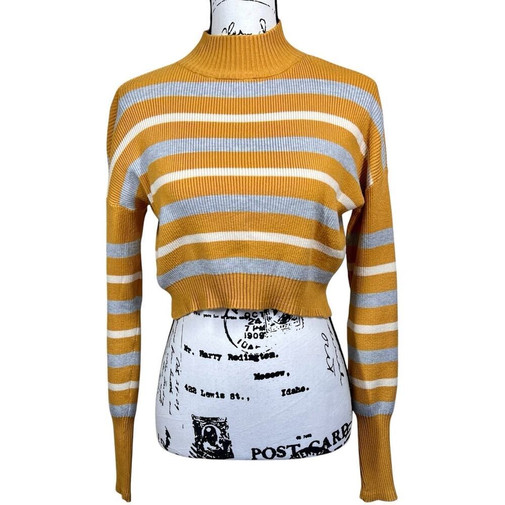Arizona Jean Companymustard yellow/ gray striped mock neck crop sweater size S